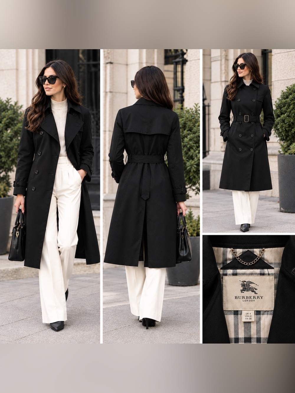 Burberry London Black 100% Cotton Gabardine Trench Coat Made in England Size 2